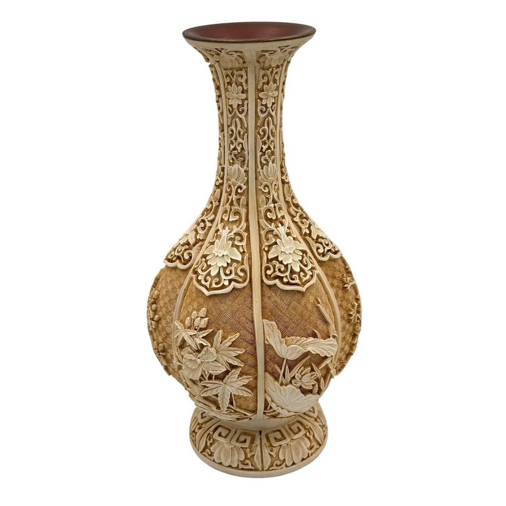 Antique Chinese Hand Carved Lacquered Cinnabar Over Brass Floral Motif Vase